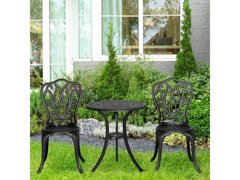  Ensemble salon de jardin 2 places 2 chaises + table ronde style charme rétro en fonte d'aluminium, noir  - Conforama C