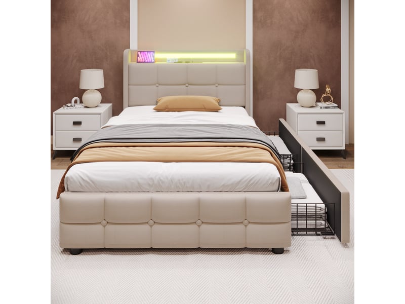  Lit rembourré tcqpz 90 x 200 cm avec usb led 2 tiroirs beige  - Conforama D