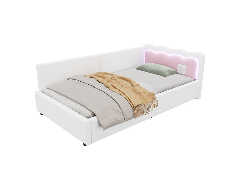  Lit banquette 90x200 cm, doté de tête de lit et d'éclairage led, mdf blanc, sans matelas  - Conforama A