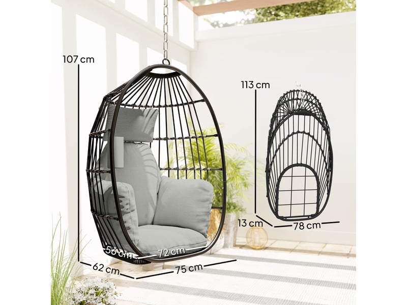 Fauteuil suspendu, fauteuil œuf suspendu, panier pliable, coussins rembourrés gris foncé - Conforama E