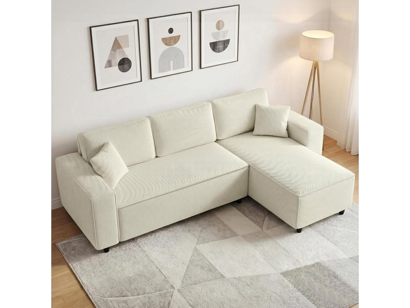  Canapé d'angle réversible 3 places moderne avec coussins inclus, crème, tissu velours côtelé  - Conforama A