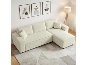 Canapé d'angle réversible 3 places moderne avec coussins inclus, crème, tissu velours côtelé