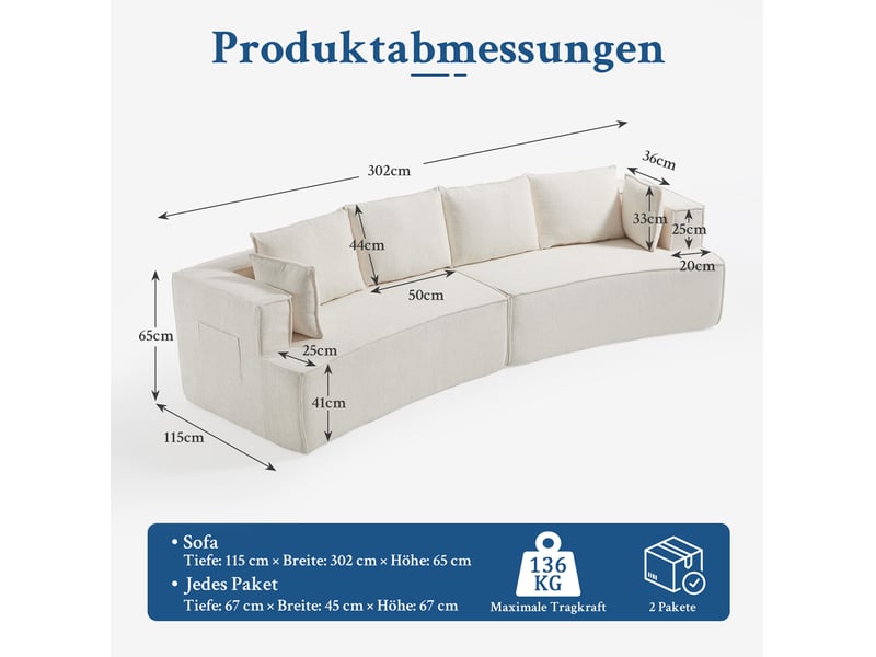 Canapé modulaire 4 places à assise profonde, silhouette incurvée et coussins en velours côtelé blanc - Conforama C