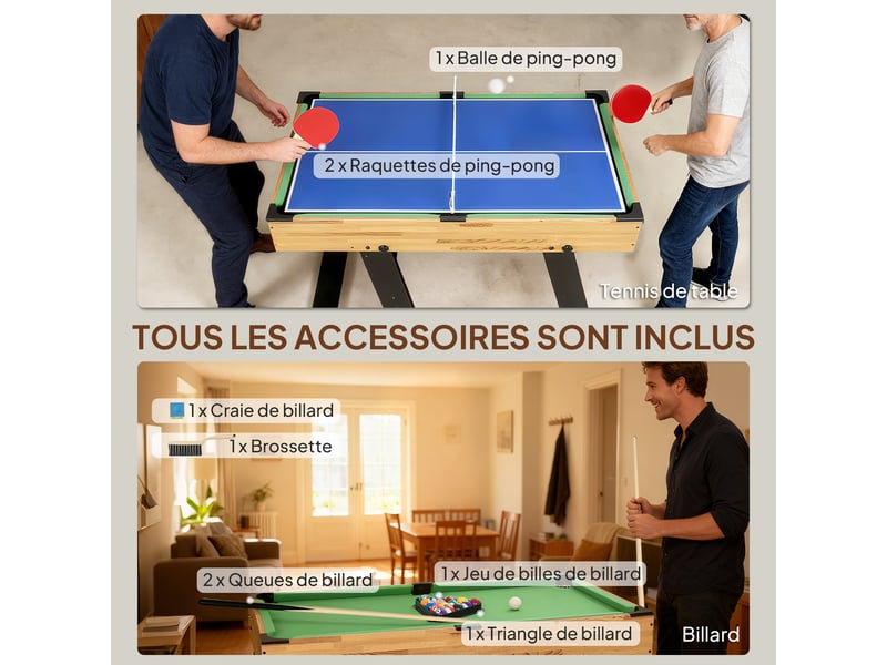  Table multijeux 13 en 1 pliable, table de jeu baby-foot, billard, pour enfants et adultes 120 x 106 x 82 cm noyer clair  - Conforama W