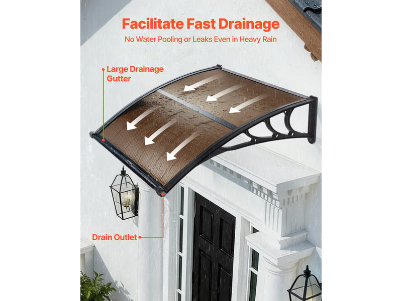  Vevor auvent de porte deentree 96,5x101,7 cm marquise de porte exterieur polycarbonate pour fenetres de porches balcons, protection contre pluie, neige, soleil, avec drainage, support en abs, marron  - Conforama B
