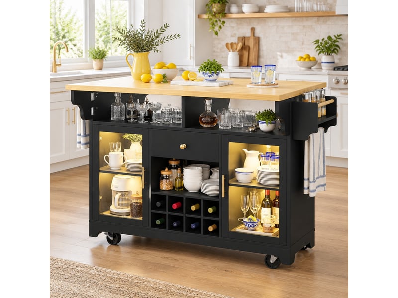  Desserte de cuisine pliable avec led rgb et rangement - lpospi - étagères réglables mdf noir 120 × 80 × 95 cm  - Conforama C