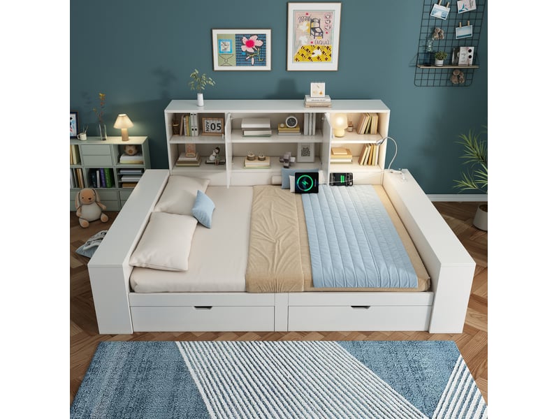  Modenvie lit avec rangement 140x200 cm - ports usb et usb-c, tiroirs et rangements - sans matelas - blanc  - Conforama E