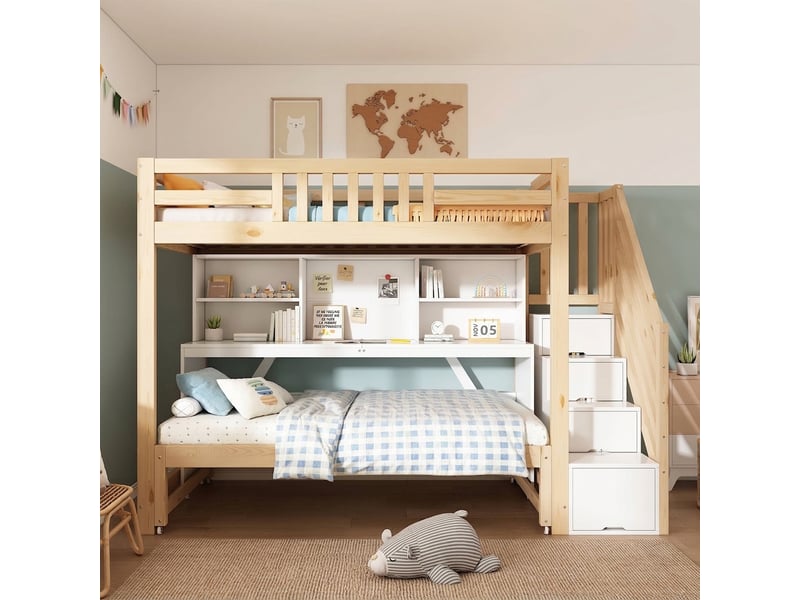 Lit superposé avec bureau 90x200 et lit gigogne à roulettes 90x190 escalier rangement bois blanc chêne - Conforama D