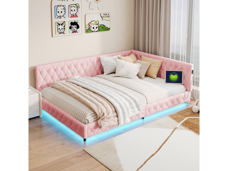Lit 140x200 cm avec led et usb,canapé lit d'angle, lit fille 140x200 ,lit adulte avec sommier à lattes, teddy velvet,rose - Conforama B