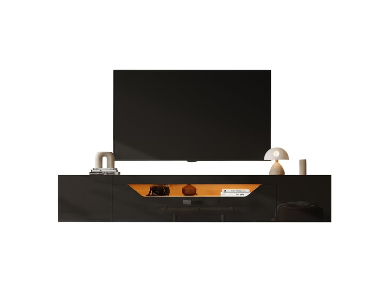 Meuble tv mural suspendu noir et bois naturel 180x37x36 cm avec led, 3 niches de rangement pour tv jusqu'à 75 pouces - Conforama A