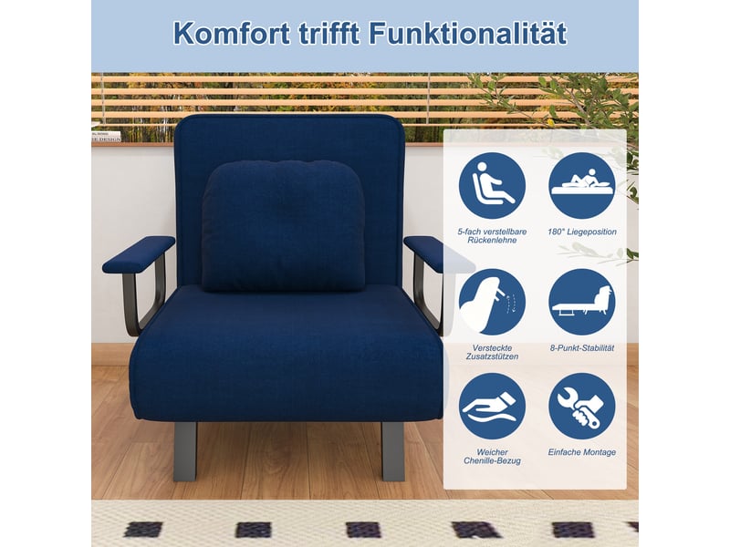  Fauteuil relax convertible - 60x60x80cm - chauffeuse lit 185cm, dossier 5 positions 180°, chenille, métal - bleu  - Conforama C
