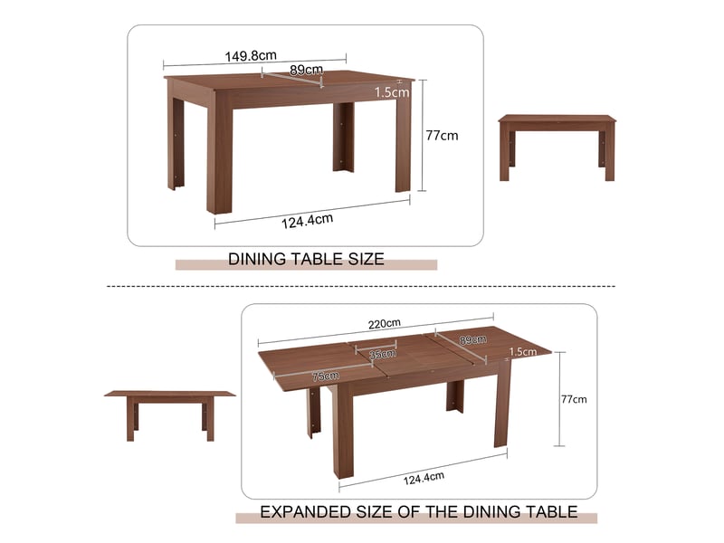 Table de salle à manger extensible avec 2 rallonges et plateau en mdf finition noyer pour cuisine, 220 × 88,5 × 77 cm - Conforama E