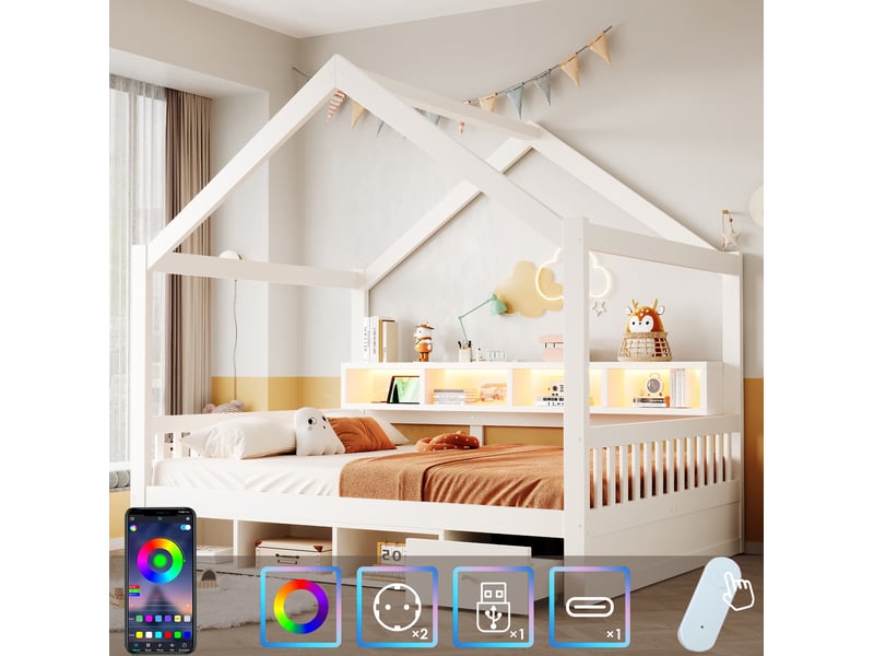  Lit 140x200 cm avec cadre en toit, rangements, éclairage et prises, bois et mdf couleur blanc sans matelas  - Conforama E