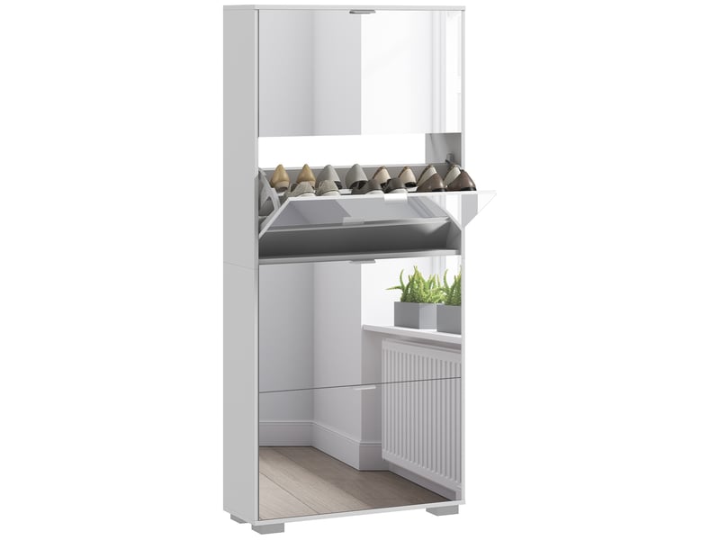  Étagère à chaussures fine gaine de place avec miroir et 4 tiroirs pour 24 paires de chaussures, 76x26x178 cm, blanc  - Conforama A