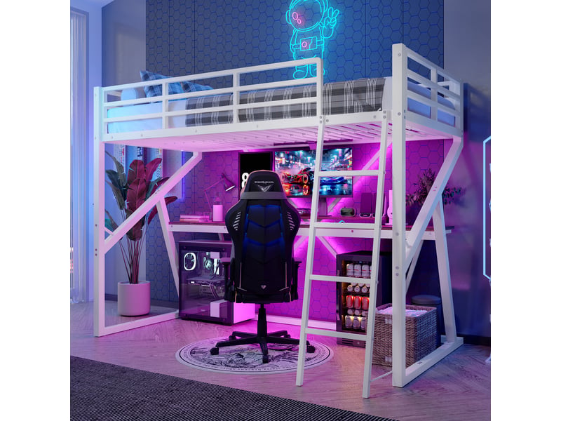 Lit mezzanine enfant 90×200 cm led réglable, bureau et barrière - sans matelas, métal - blanc - Conforama B