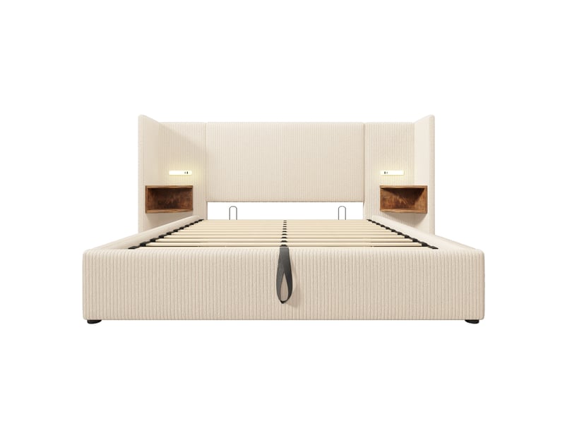  Lit coffre double 160x200 cm avec sommier, tête de lit étagère, liseuse led et ports usb, velours côtelé, beige et blanc  - Conforama E