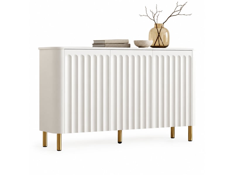 Buffet blanc 3 portes en mdf, pieds métal cylindriques, reliefs verticaux et angles arrondis, rangement sans étagères - Conforama A