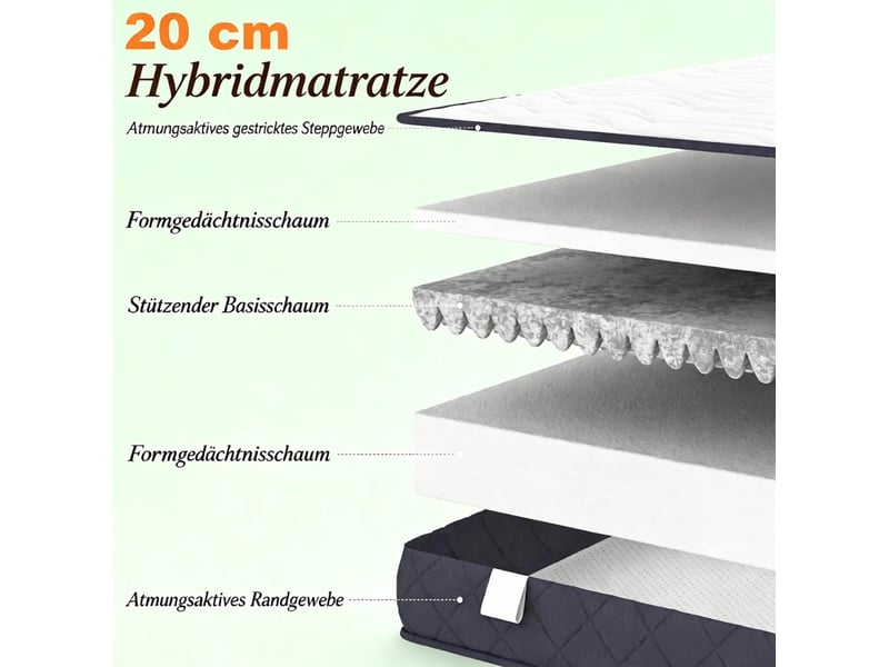  Matelas 140x190 cm pour 2 personnes, mousse à mémoire de forme, 20 cm, blanc et gris, housse en polyester  - Conforama E
