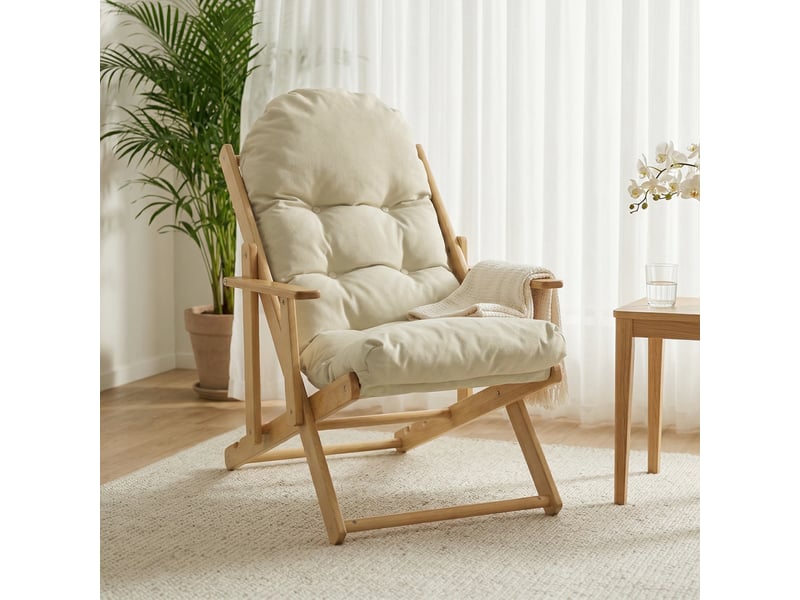  Fauteuil chaise de salon pliable et inclinable en bois relax fauteuil confortable avec coussin capitonné épais  - Conforama D