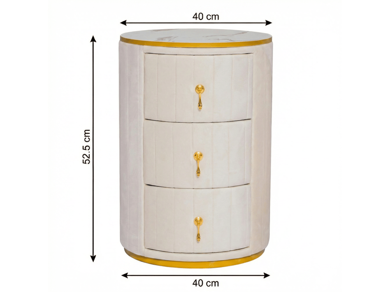  Table de chevet ronde 3 tiroirs, 40 x 40 x 52,5 cm– velours blanc, plateau effet marbre et poignées dorées  - Conforama C
