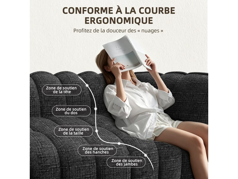  Lexzurn canapé droit compressé fixe,canapé droit fixe,avec coussin,conception ergonomique,profondeur d'assise accrue 60 cm,adapté à de nombreux contextes,base antidérapante  - Conforama C
