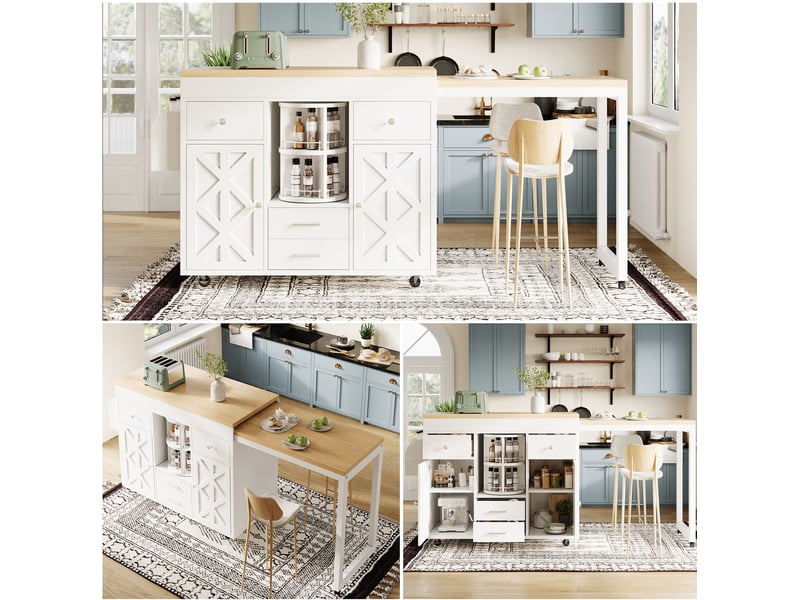  Desserte de cuisine extensible 110 à 180 x 40 x 91 cm blanche en mdf, 4 tiroirs et plateau coulissant  - Conforama B