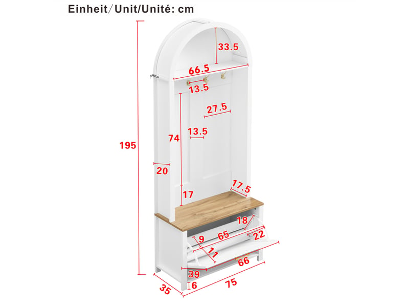  Meuble d'entrée avec patères, rangement à chaussures avec portes et tablette, en mdf blanc et couleur bois, 75 × 35 × 195 cm  - Conforama D