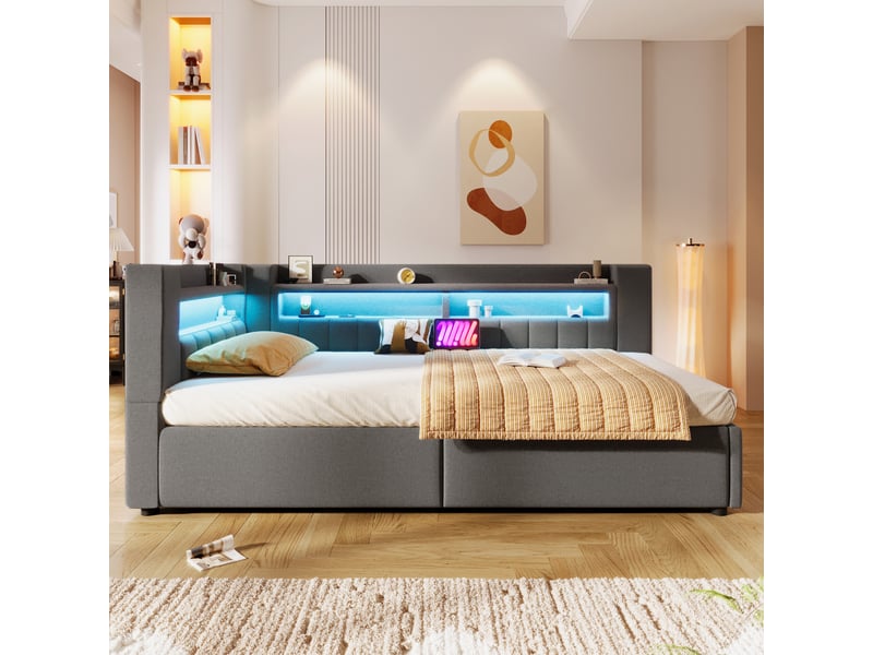  Lit de jour 90x200 cm avec coffre hydraulique, lit simple banquette avec led et ports usb type-c, lit enfant gain de place en lin avec rangement - gris  - Conforama B