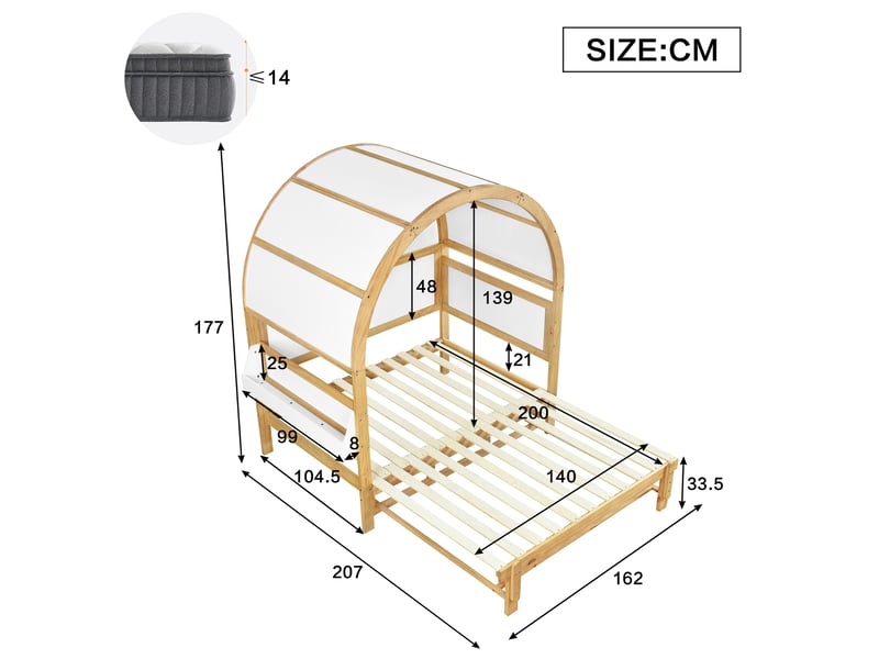  Modenvie lit cabane enfant 140x200 cm - lit gigogne, tablette laterale, sommier inclus - blanc et naturel  - Conforama C