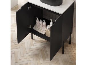 Meuble sous vasque sur pied avec 2 portes, plan en pierre frittée blanche pour salle de bain noir 76 × 48 × 75 cm