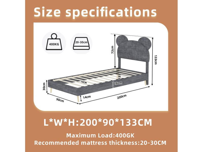 Lit pour enfant, 90x200 cm, lit simple avec tête de lit dessin animé, matelas non inclus, tissu et métal, coloris gris  - Conforama C