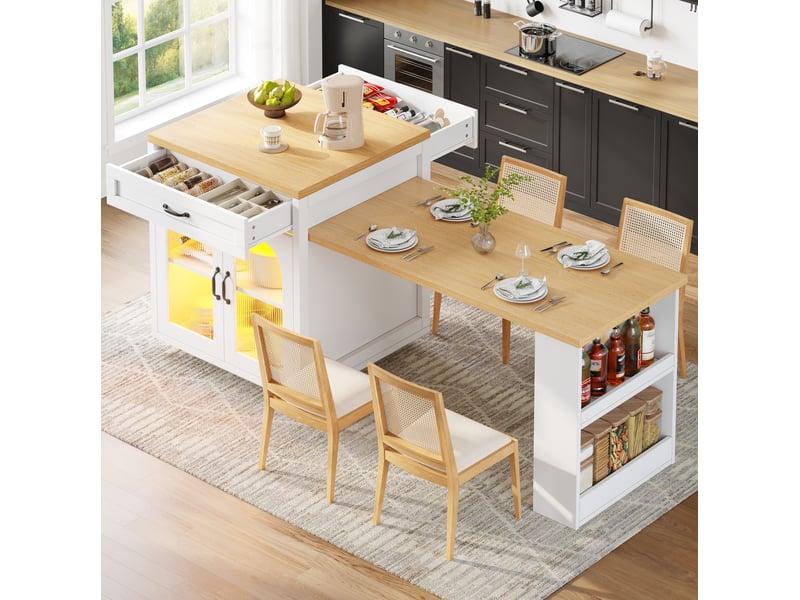  Meuble buffet rangement extensible mdf blanc led 126 196 cm cuisine salle a manger homvra  - Conforama B