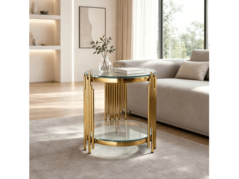  Table d’appoint ronde 45x45x55 cm avec deux niveaux, structure et pieds en acier inoxydable et transparent, design moderne  - Conforama D