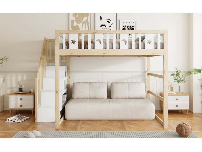  Lit mezzanine 140x200 cm bois massif pin, escalier avec étagères - lit double - décor étoiles et lune, espace libre, sécurisé, blanc  - Conforama A