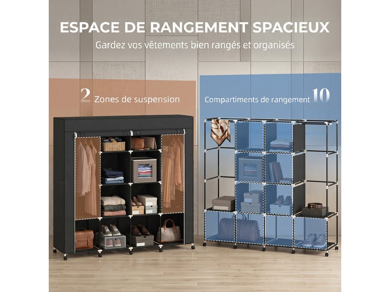  Armoire penderie en tissu à roulettes 10 compartiments noir 166 x 42,5 x 167 cm  - Conforama D