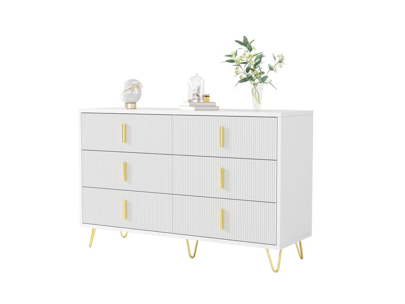 Chiffonnier 6 tiroirs 120x40x77 cm, finition blanc+doré en panneaux de particules, commode au design design - Conforama A