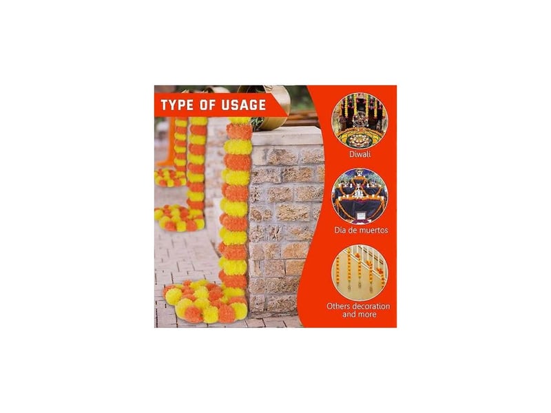 Guirlande de 5 œillets d'inde décoratifs, 1,5 m d'œillets d'inde artificiels, décorations de diwali pour la maison, fleurs orange. - Conforama B