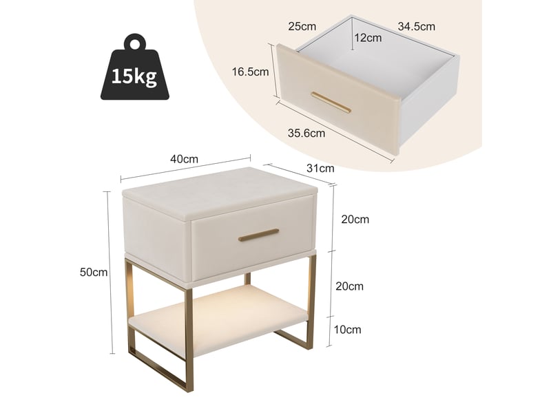 Lot de 2 tables de chevet - 40x31x50cm - tables de nuit en velours avec éclairage led rgb & tiroir - beige - Conforama E