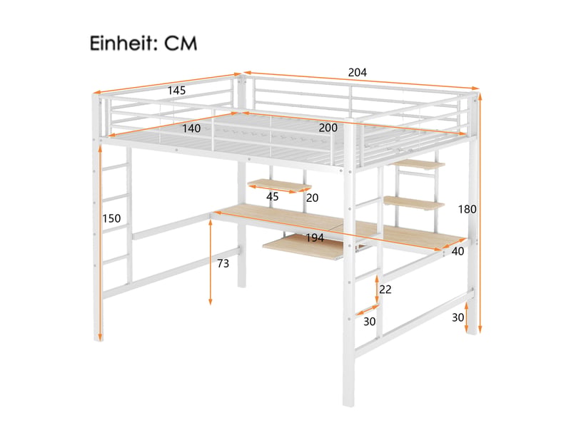  Lit mezzanine 140x200 cm avec bureau et 2 étagères coloris blanc  - Conforama C