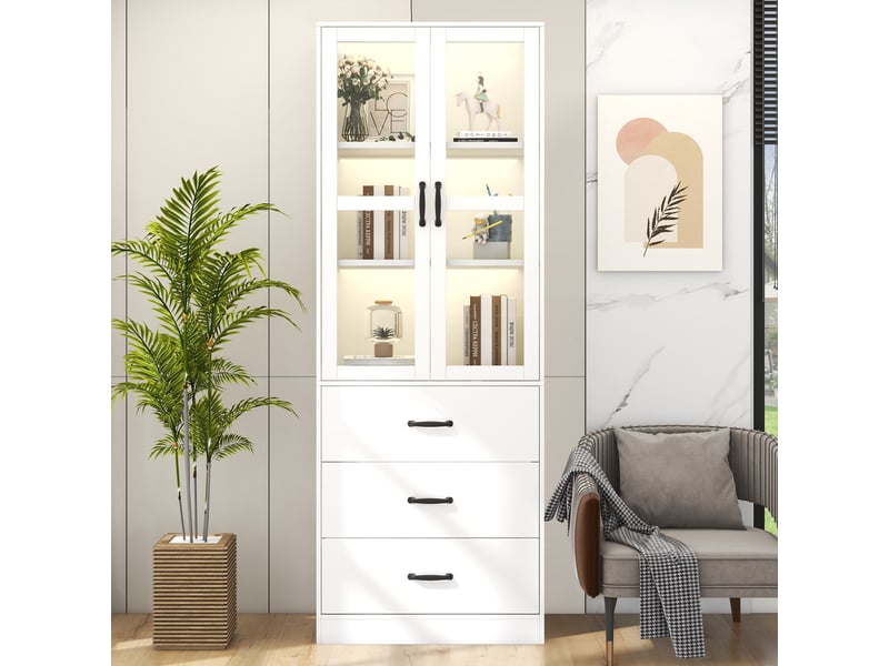  Vitrine 60x40x200 cm avec led, 3 tiroirs et portes en verre blanc  - Conforama B