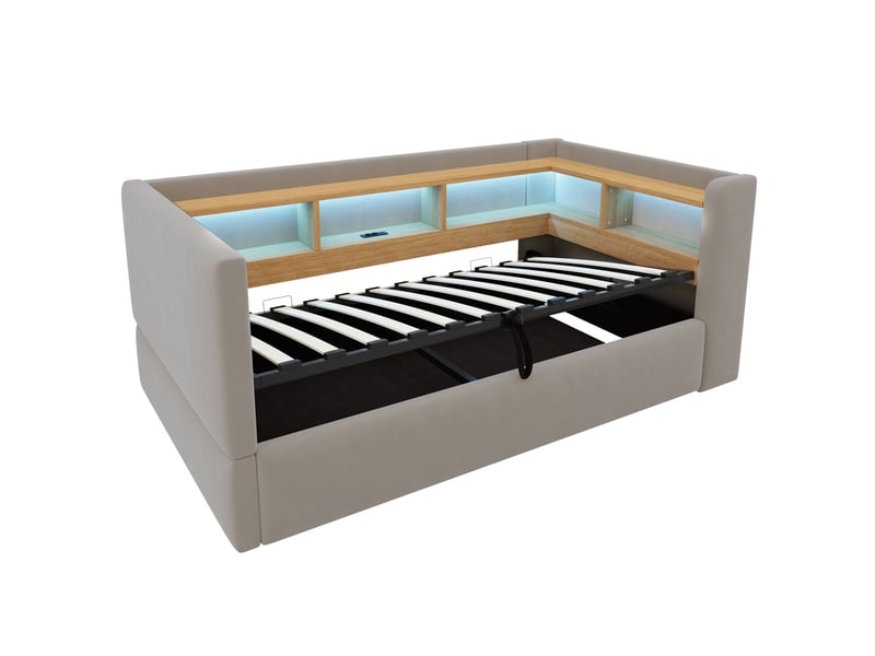 Canapé-lit 90 × 190 cm, équipé d'un éclairage led, d'une prise électrique et d'un espace de rangement, gris foncé - Conforama E