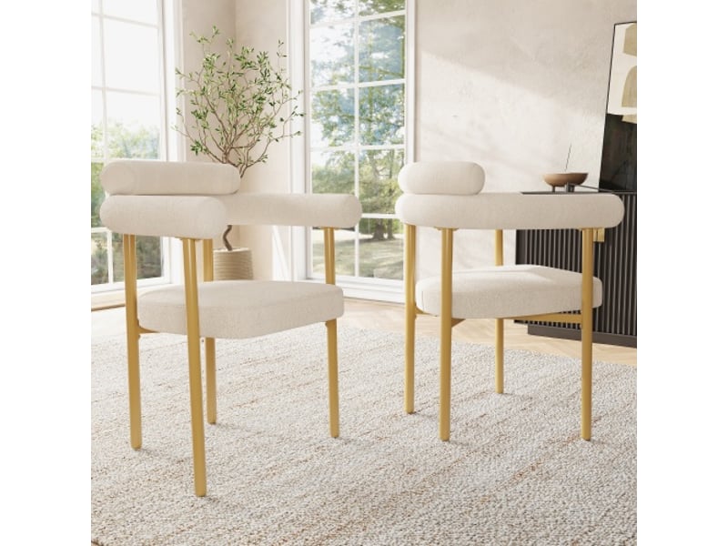  Lot de 2 chaises de salle à manger, chaise beige, sièges en anneau, pieds de chaise de couleur dorée  - Conforama B