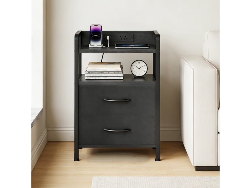  Table d'appoint moderne 3 niveaux, 2 tiroirs tissu, étagère ouverte, structure bois métal, pour chambre, salon ou entrée,noire PPG_34FQ45E4 - Conforama C