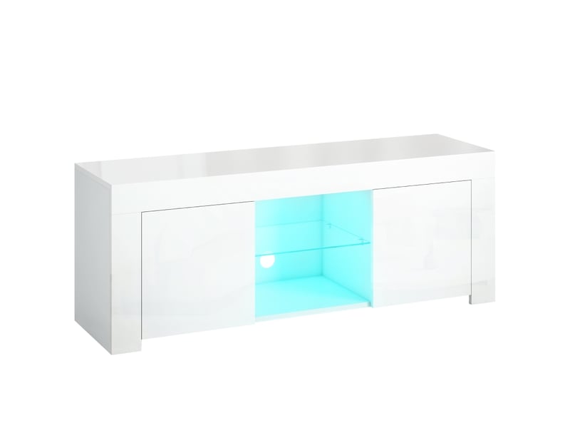  Meuble tv avec 2 portes, 2 niches, étagère en verre et led pour salon 120×34×45 cm blanc  - Conforama C