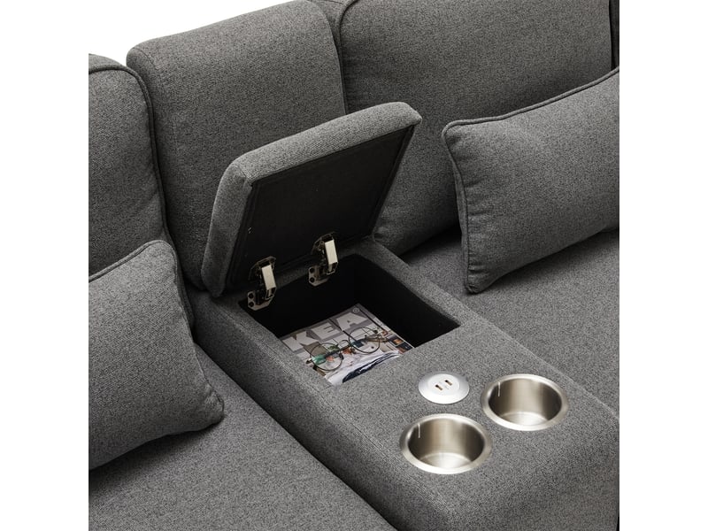  Canapé droit 4 places tissu lin gris foncé avec usb porte-gobelets rangement intégré design moderne salon  - Conforama W