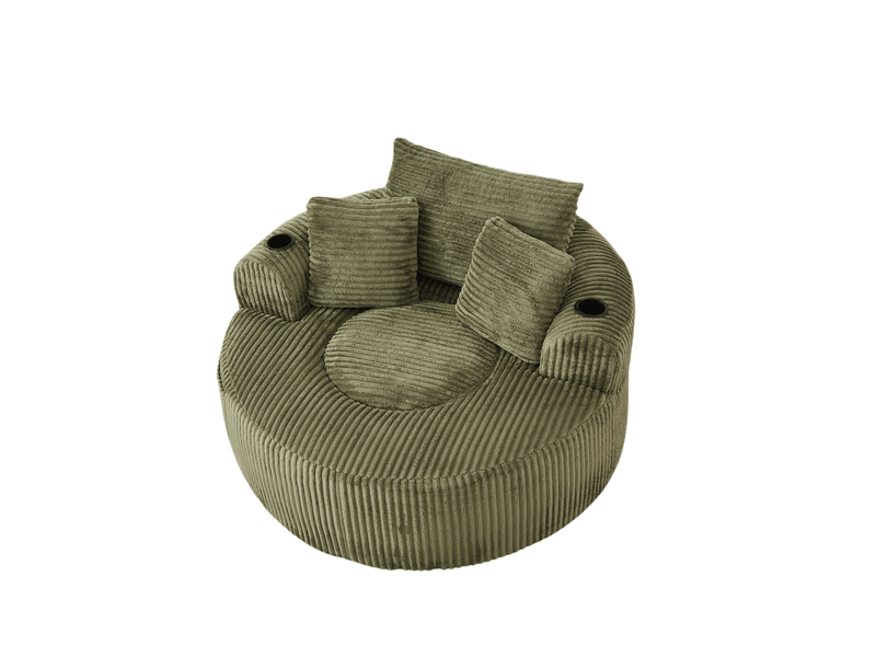  Fauteuil lounge rond 1 place en velours côtelé vert avec 3 coussins  - Conforama E
