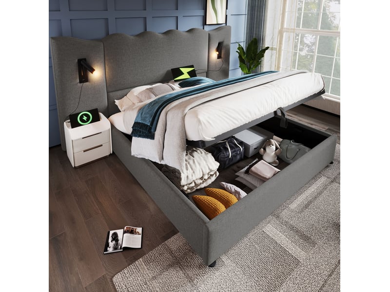 Lit coffre adulte 160x200 cm – gris – avec matelas, sommier, lampes orientables et ports usb-c intégrés  - Conforama B
