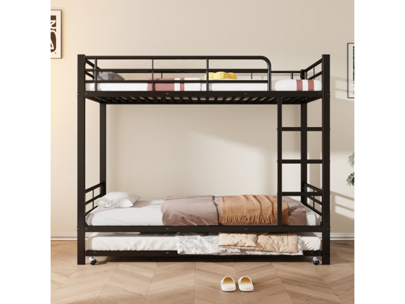  Lit superpose 3 places avec rangement | métal noir | lit gigogne extractible | barrières de sécurité | enfants et adolescents  - Conforama B