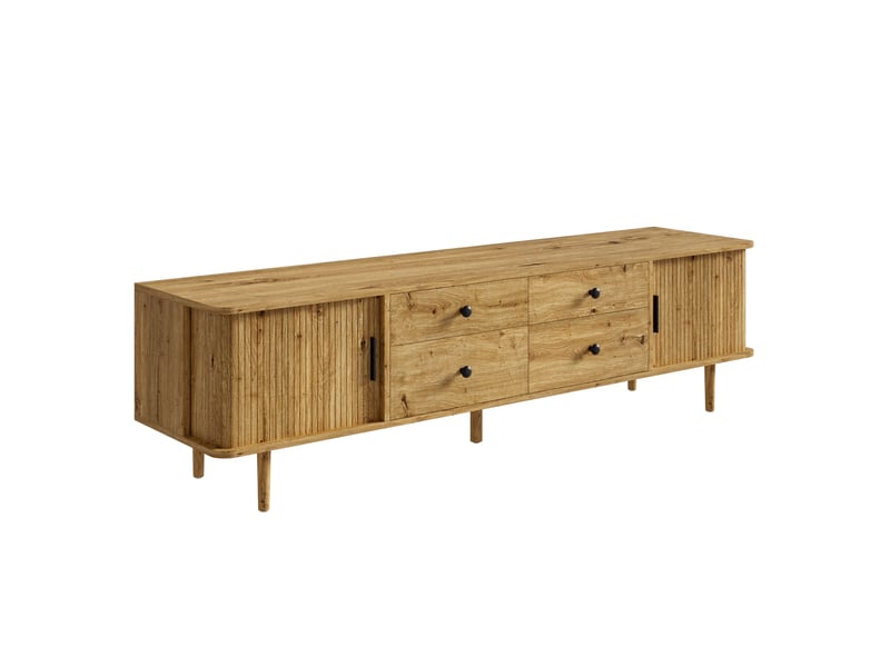 Meuble tv bas à 4 tiroirs, 2 portes coulissantes, angles arrondis, mdf et pieds en bois, 165 × 40 × 46 cm, bois naturel  - Conforama A
