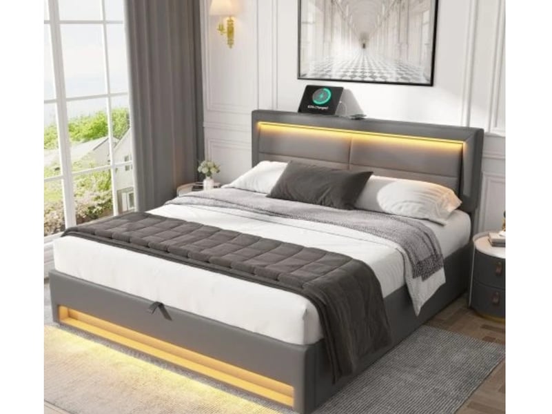  Lit rembourré 140×190, usb, led + rangement, pu lychee, gris, sans matelas  - Conforama B